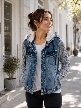 Free People Mixed Media Space Dye Knit Hooded Denim Jean Jacket Blue Size XS